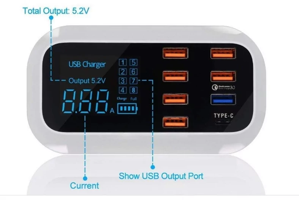 Портативна зарядна станція на 8 портів USB 8А QC3.0 LED-дисплей YC-CDA19Q