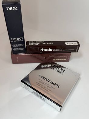 Подарунковий набір косметики Dior та Rhode з палеткою Glow, бальзамом Lip Glow Butter і пензлем Hourglass